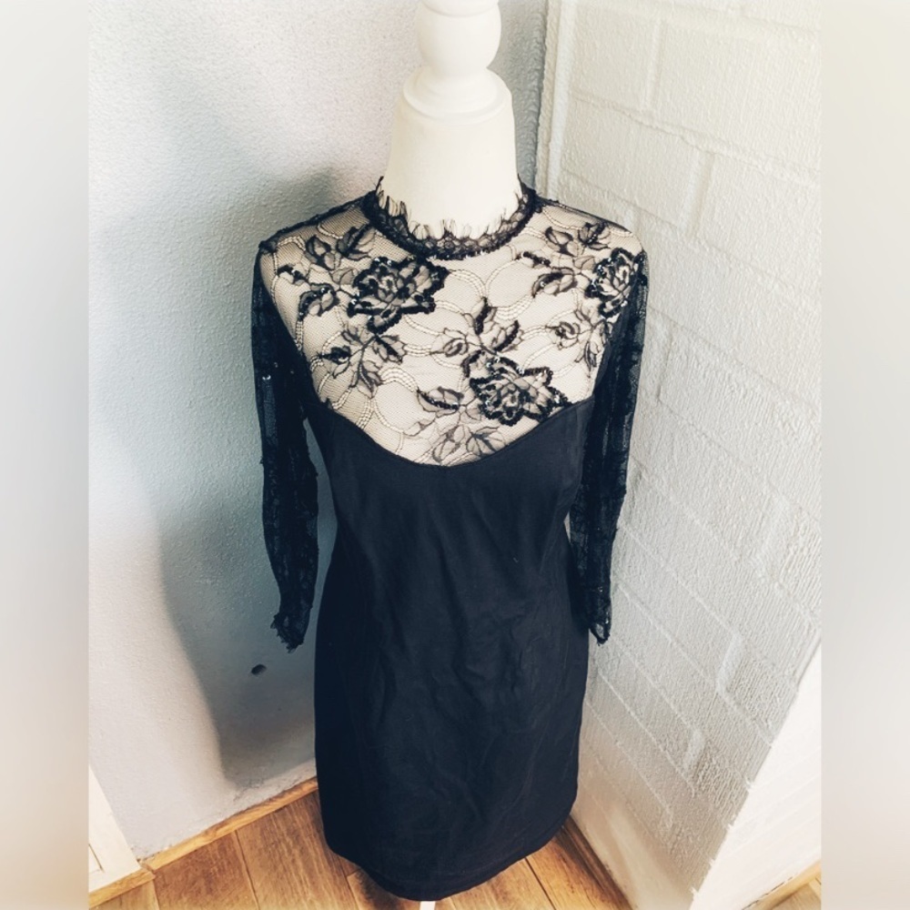 Tadashi Shoji Lace Sequins Bodycon Stretch Black Dress Sz 8